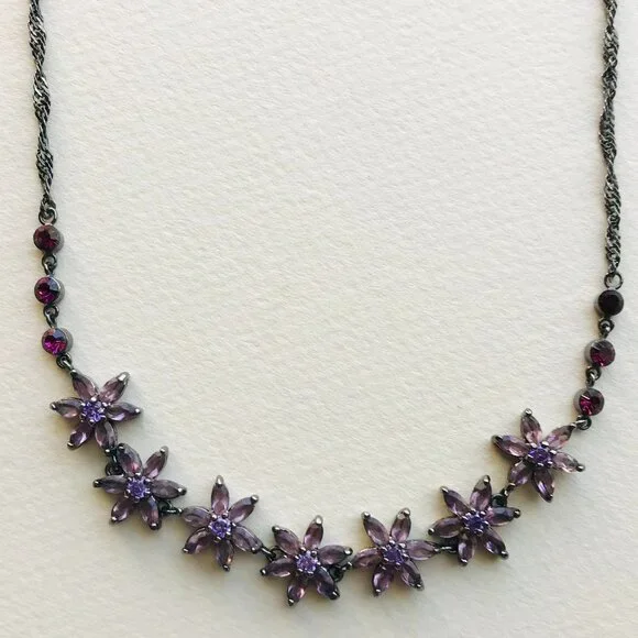 Vintage Dark Silver Necklace & Earrings Set w/ Faux Amethyst Flowers - Picture 5 of 5